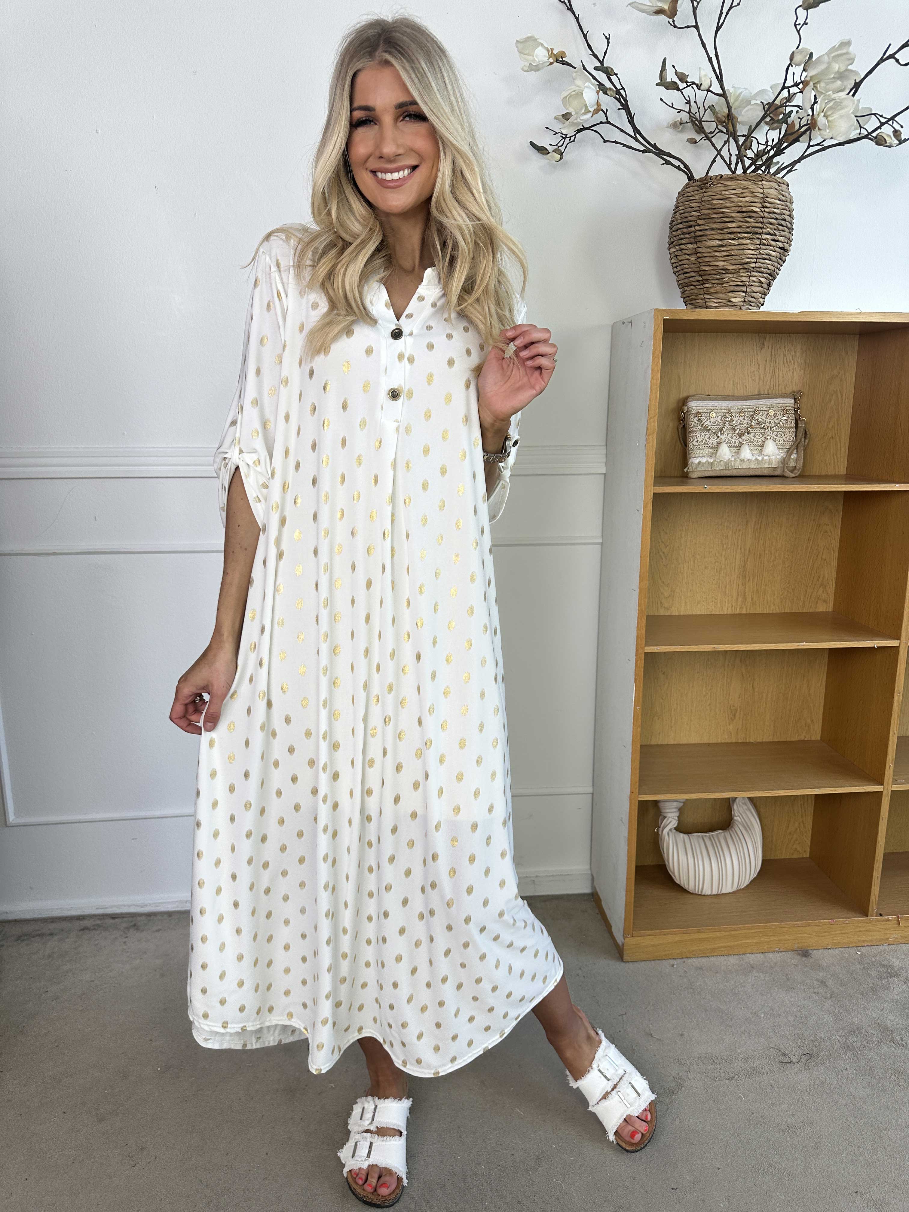 Ebba Gold Dress - Elastisk lang kjole med guld prikker